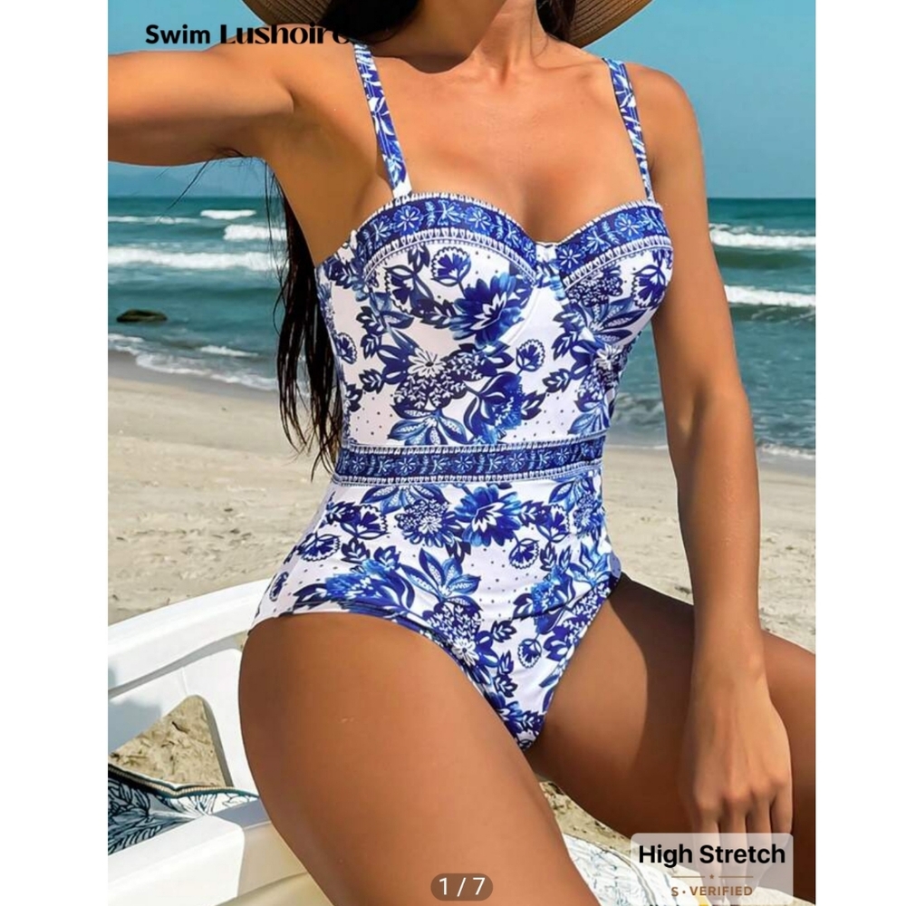 SHEIN Swim Lushoire Summer Beach Flower Pattern One-Piece Swimsuit